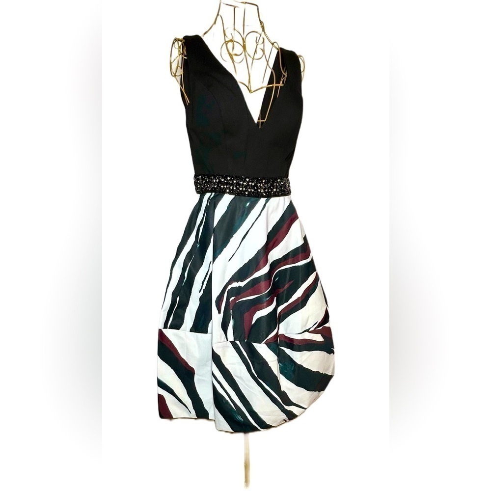 NWT Maslavi Jovani A-Line Black Striped Cocktail Dress, Beaded Waist & Pockets 4 - Picture 2 of 16